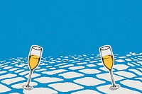 Blue celebration background psd with champagne glasses in vintage style