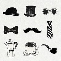 Cute vintage stickers vector in black and white sketches set