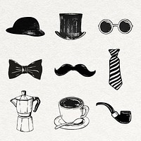 Cute vintage stickers psd in black and white sketches set