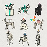 Vintage dog stickers vector in birthday theme set, remixed from artworks by Moriz Jung