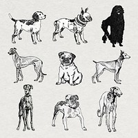 Vintage dog stickers vector in black and white illustrations set, remixed from artworks by Moriz Jung