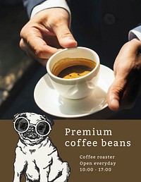 Vintage cafe flyer template vector with coffee cup and cute pug puppy