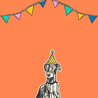 Cute birthday orange background vector with vintage greyhound dog in party cone hat