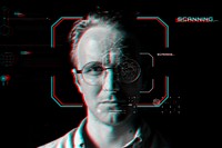 Man wearing smart glasses behind the virtual scanning technology in glitch effect 