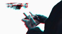Man controlling a drone psd by a remote control  in glitch effect 