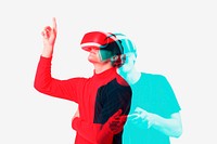 Man wearing VR headset smart technology in double color exposure effect