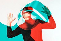 Man wearing VR headset smart technology in double color exposure effect