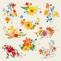 Vintage spring flower name vector illustration set, remixed from public domain artworks