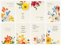 Vintage floral quote template psd illustration set, remixed from public domain artworks