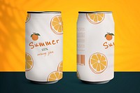 Soda cans mockup psd with summer tropical citrus pattern 