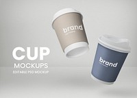 Floating paper cups mockup psd for coffee shop takeaway