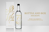 Glass bottle and box mockup psd