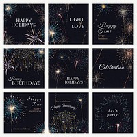 Shiny fireworks template vector for social media post with editable text set compatible with AI