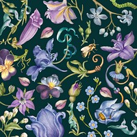 Aesthetic purple floral pattern vector on dark background, remixed from artworks by Pierre-Joseph Redouté