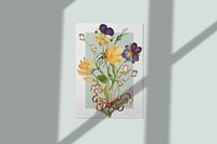 Floral white paper mockup psd on the wall, remixed from artworks by Pierre-Joseph Redout&eacute;