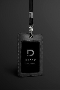 Employee ID card mockup psd with black leather lanyard