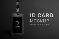 Employee ID card mockup psd with black leather lanyard