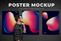 Editable poster mockup psd on the wall