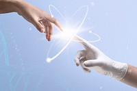 Atom biotechnology nuclear medicine  with scientist’s hands digital transformation remix
