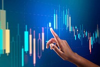 Stock market chart psd on virtual screen with woman’s hand digital remix