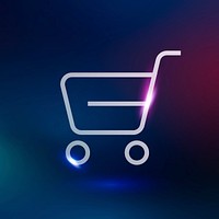 Shopping cart psd technology icon in neon purple on gradient background