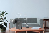 Smart home innovation technology psd with UI on tablet screen remixed media