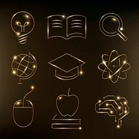 Education technology gold icons vector digital and science graphic collection