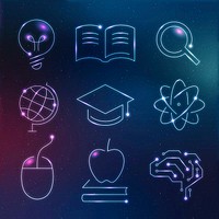 Education technology neon icons vector digital and science graphic set