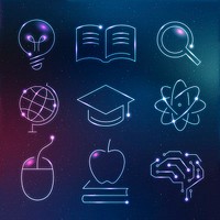 Education technology neon icons psd digital and science graphic set