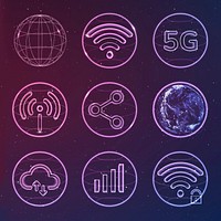 Global network technology icon psd in neon collection