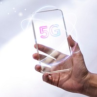 5G global network background psd technology with futuristic transparent smartphone remixed media