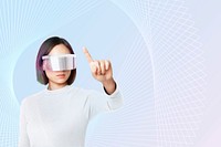 Technology background psd with woman wearing smart glasses in blue tone