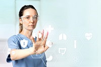 Female doctor psd mockup with smart glasses touching virtual screen medical technology