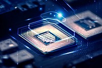 Smart microchip background psd on a motherboard closeup technology remix