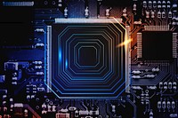 Smart microchip background psd on a motherboard closeup technology