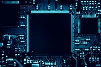 Smart microchip background on a motherboard closeup technology