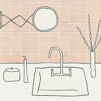 Bathroom sink doodle vector with pink tiled wall home interior illustration