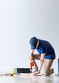 Wall mockup psd with man renovating the house