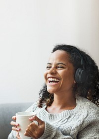 Woman enjoying coffee psd wall with design space