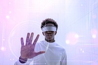 Man wearing smart glasses touching a virtual screen futuristic technology digital remix