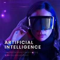 Artificial intelligence banner template vector with woman wearing smart glasses background