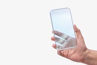 Hand holding transparent smartphone psd futuristic technology concept