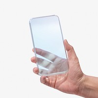 Hand holding transparent smartphone psd futuristic technology concept