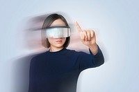 Woman psd wearing smart glasses double exposure effect on technology theme