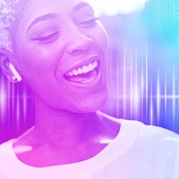 Musical gadget innovation psd smiling woman with wireless earphones entertainment technology remixed media