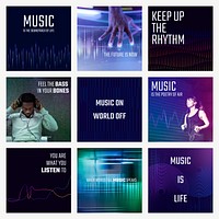 Music wave technology template vector social media ad with catchphrase collection