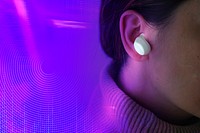 Musical gadget innovation psd woman with wireless earphones entertainment technology remixed media