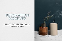Decoration mockup psd with candle by flower vase