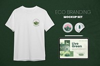 Eco branding psd mockup set with t shirt, tablet and sticker