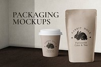 Food packaging mockup psd with paper cup and pouch